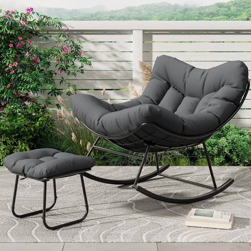 Outdoor Oversized Lounge Chair, Patio Rattan Egg Rocker with Footrest - Grey