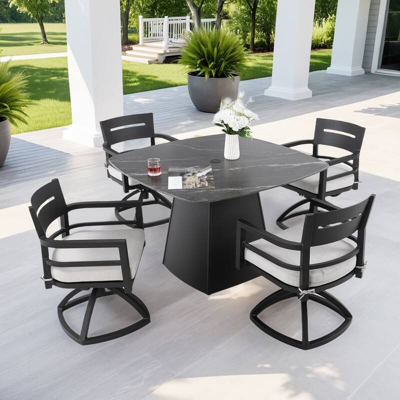 5-Piece Outdoor Aluminum Square Dining Set with Sintered Stone Top, Swivel Rockers, Sunbrella Fabric - Black