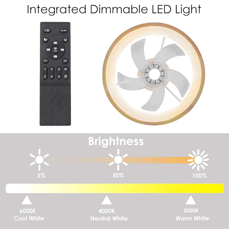 19.7" Farmhouse Flush Mount Ceiling Fan with LED Light and Remote Control, Wooden Finish for Bedroom/Living Room - 5