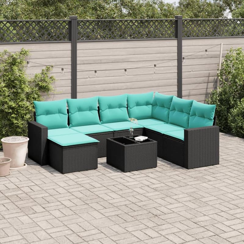 vidaXL 7/8 Piece Patio Sofa Set with Cushions Black Poly Rattan - 24.4" x 24.4" x 27.2" - Black and blue-With table