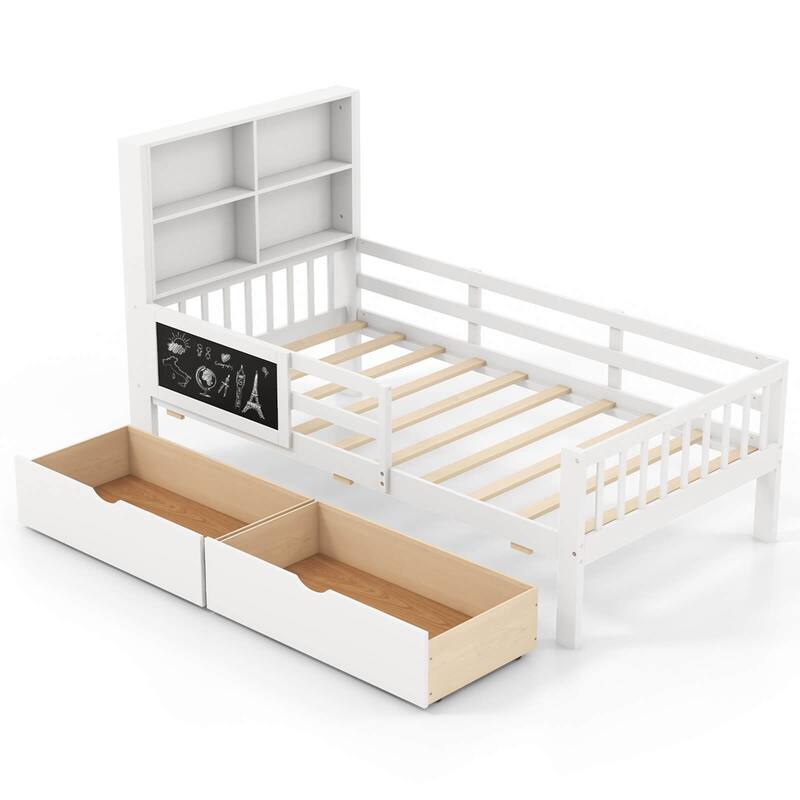Costway Twin/Full Size Bed Frame with 2 Drawers Bookcase & Blackboard - Twin