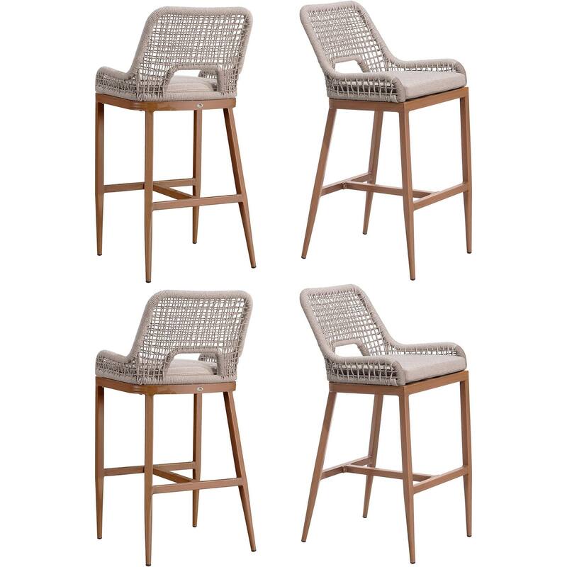 PURPLE LEAF Bar Stools Set of 4 Outdoor Bar Height Metal Stools Modern Wicker Rattan Barstools with Back Aluminum - Plaid-39.56"H