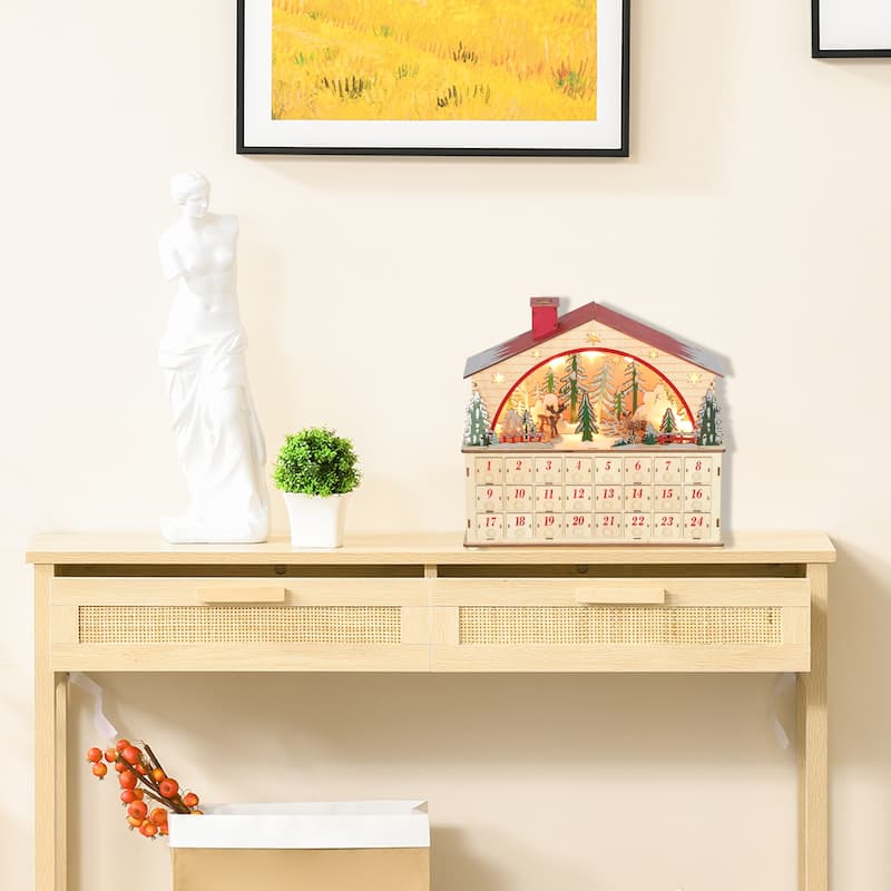 HOMCOM Christmas Advent Calendar with 24 Drawers, Reusable Lighted Wooden Countdown to Christmas Calendar with Village Scene