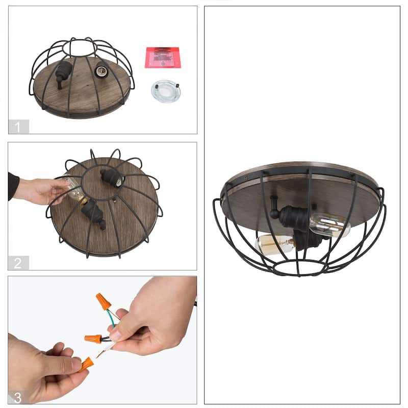 Modern Industrial 2-Light Flush Mount Metal Cage Ceiling Light - D14.5" * H6.3"
