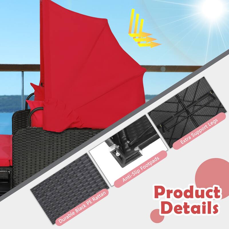 Costway Patio Rattan Daybed Lounge Retractable Top Canopy Side Tables - See Details