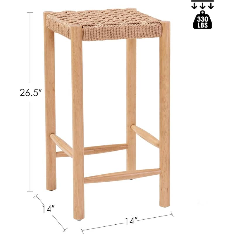 2-Pack Industrial Bar Stools 26.4" Height - Kraft Paper Cord Seats, Rubberwood Legs & Adjustable Feet