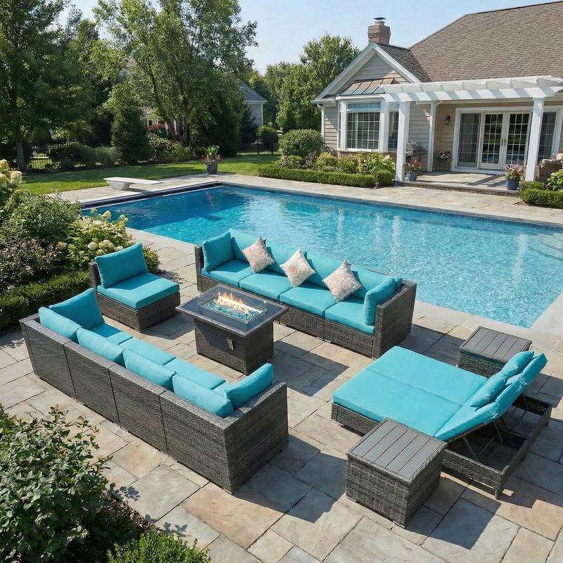 Outdoor Sectional Conversation Set PE Wicker with Double Chaise Lounge, 60,000 BTU Fire Pit Table - 12-Piece/Table - Teal