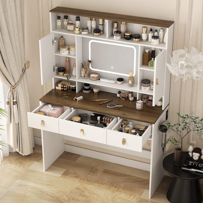Farmhouse Vanity Desk with Makeup Mirror, Touch Light and Drawers, White Make-up Vanity Dressing Table with Charging Station