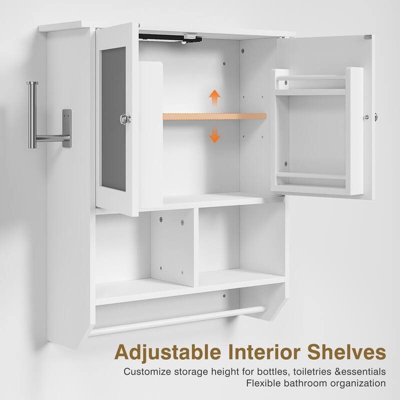 VECELO White Double Door LED Mirror Medicine Cabinet with Adjustable Shelves Tempered Glass Wall Mounted Bathroom Cabinet