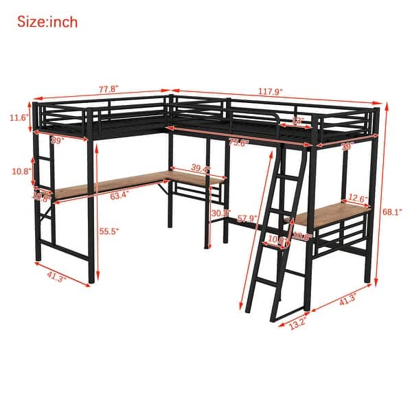 Twin Size L Shaped Loft Bed with 2 Desk, Heavy-Duty Steel Bed Frame with Safety Guardrails & 2 Ladders for Kids Teens Girls Boys