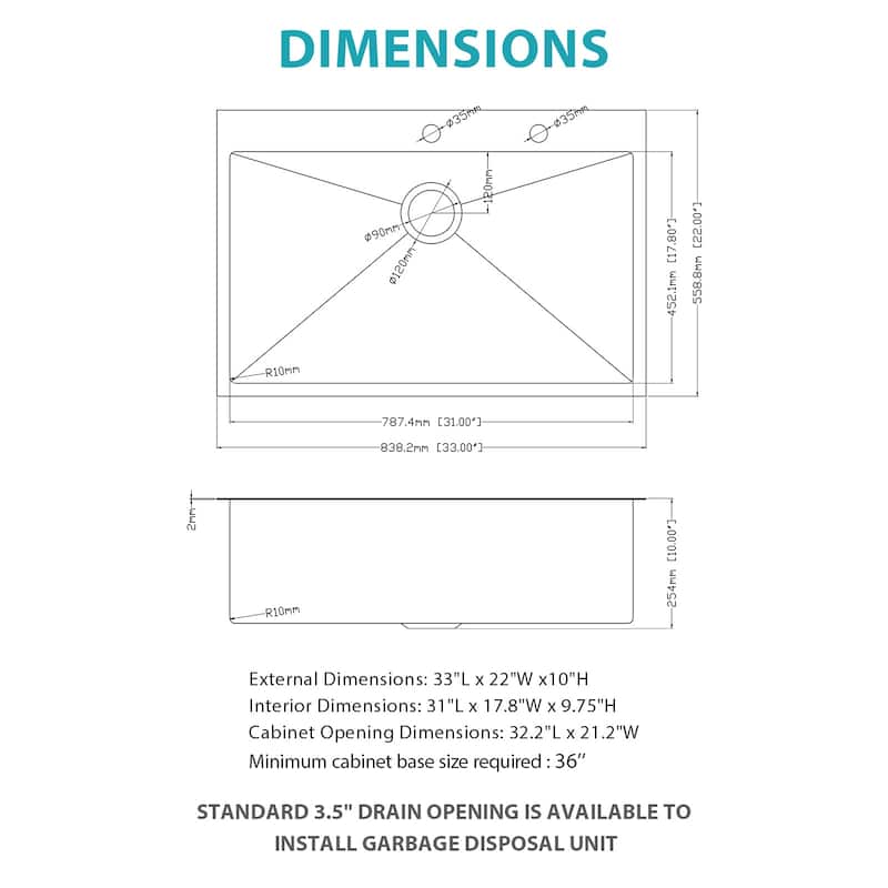 33" Drop-in Gunmetal Black Kitchen Sink Soap Dispenser 33x22x10 inch Single Bowl 16 Gauge Stainless Steel