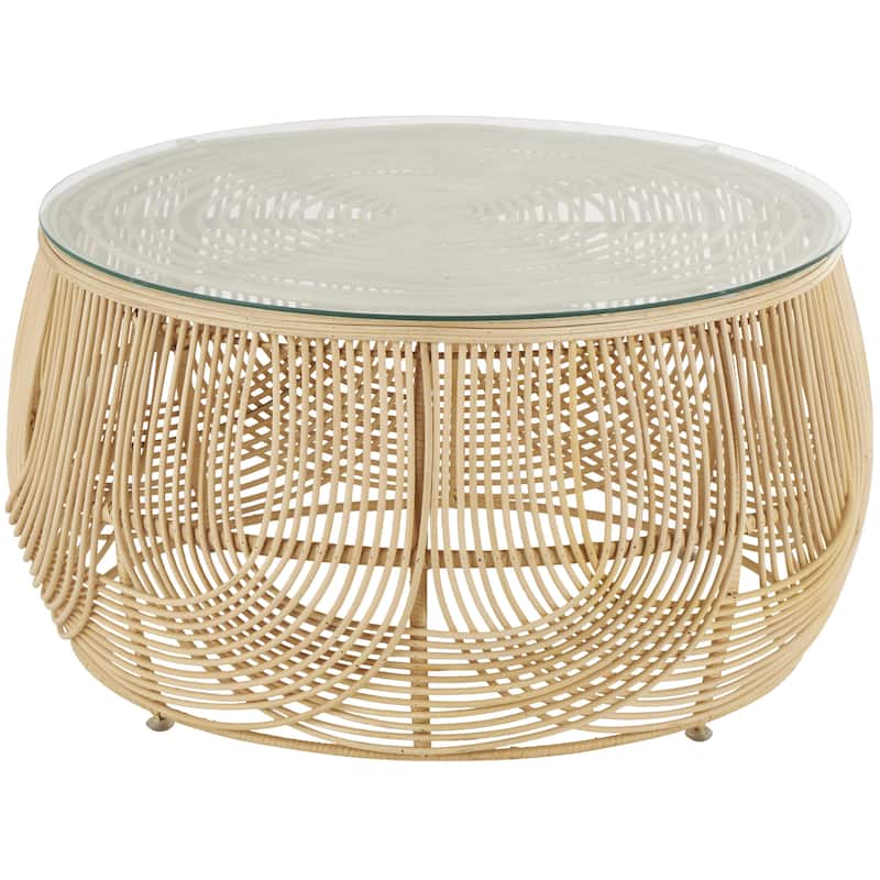 Rattan Coffee Table with Glass Top - Light Brown - Roche River Decor - Light Brown