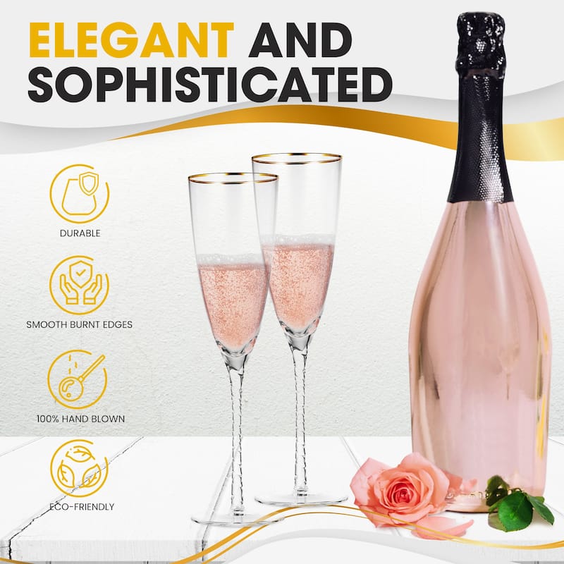 Berkware Luxurious Crystal Champagne Flutes with Twisted Stem and Gold Rim