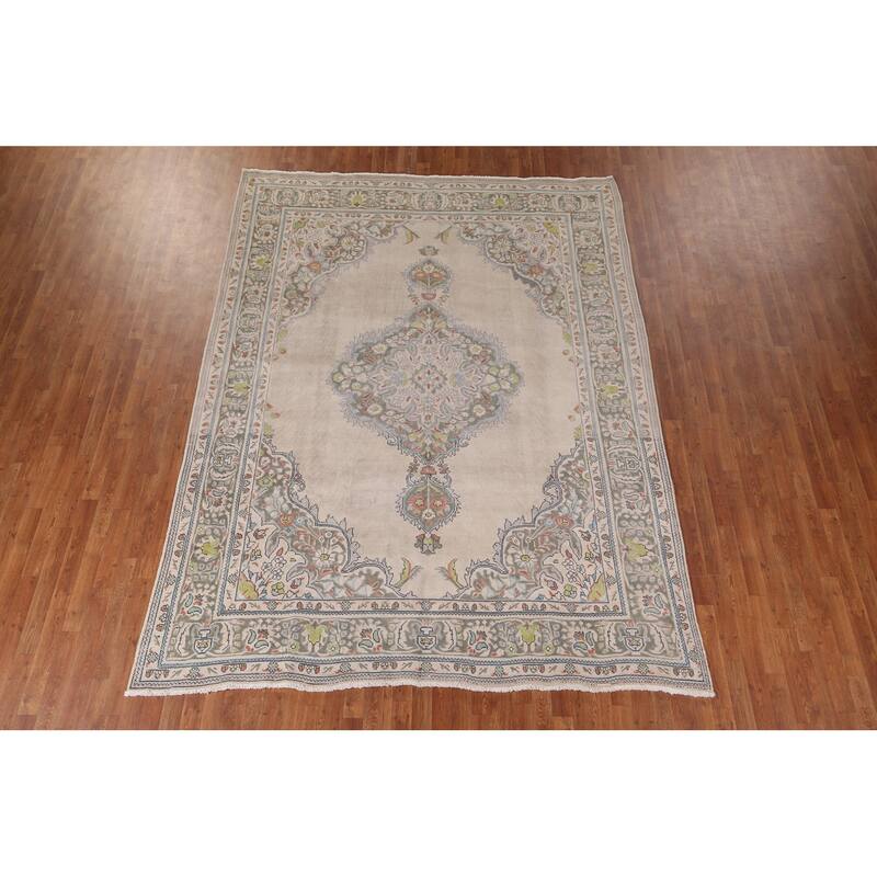 Beige Tabriz Persian Vintage Area Rug Hand-Knotted Wool Carpet - 8'8" x 10'8"