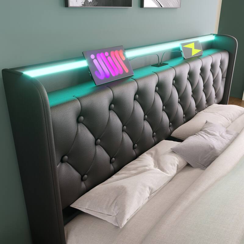 High Technology LED Storage Bed Platform Bed Upholstered Bed Frame with Tufted Design Headboard and USB Charging, Faux Leather