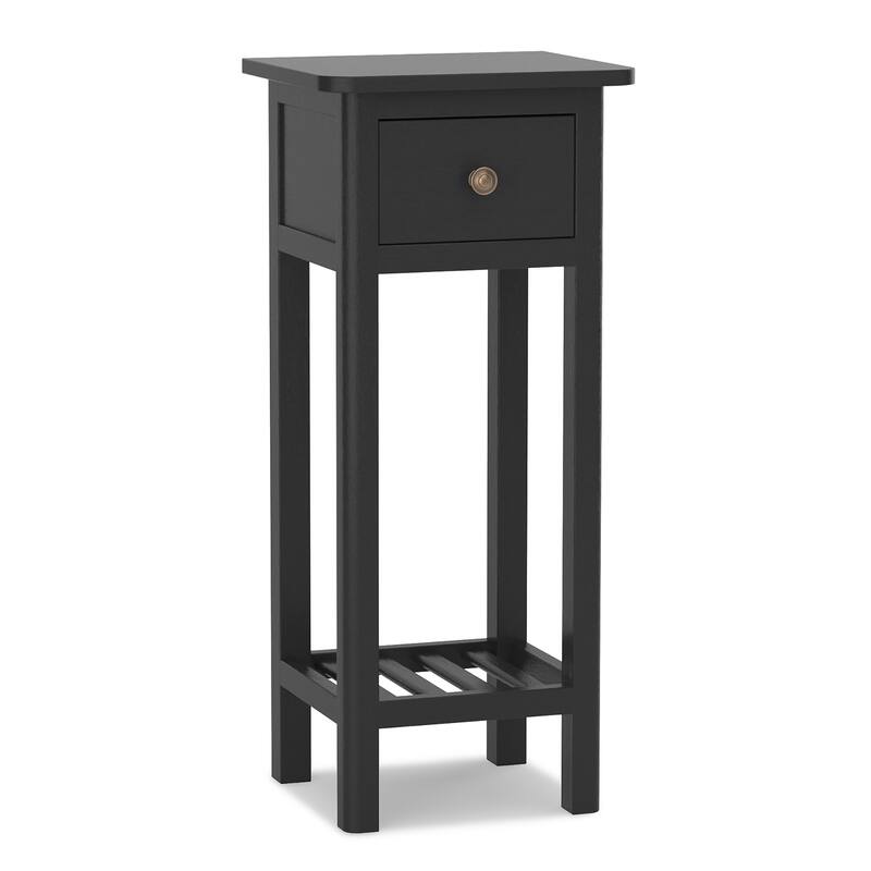 2 Tier Narrow Side Table Wood Slim End Table Nightstand with Drawer - Black