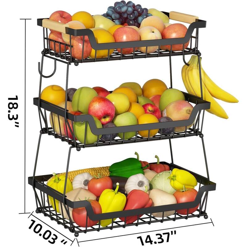 3 Tier Countertop Fruit Basket with 2 Banana Hangers for Kitchen