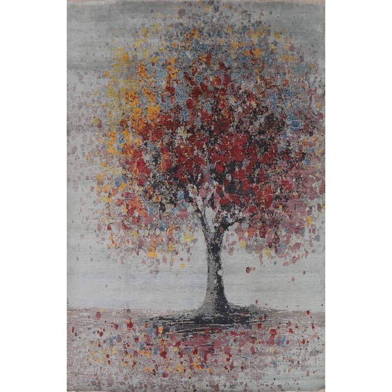 Hand Knotted Oriental 100% Silk Carpet Modern Floral Greys & Charcoal Abstract Area Rug - 10' 3'' X 8' 0''