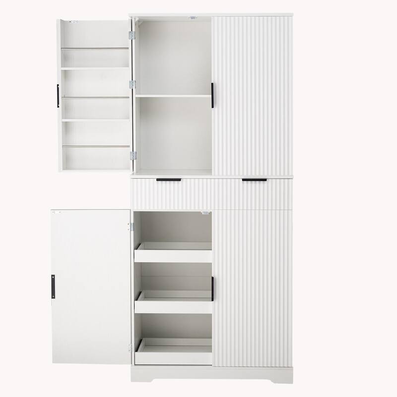 Fluted Kitchen Pantry Cabinet, Freestanding Buffet Cabinet, Storage Cabinet with 3 Keyboard Drawers & 6 Adjustable Door Shelves