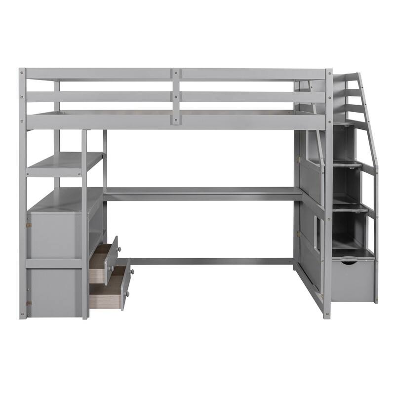 Twin/Full Size Stairway Loft Bed with Built-in Desk with Two Drawers, Solid Wood Bed Frame with Storage Shelves for Kids Teens