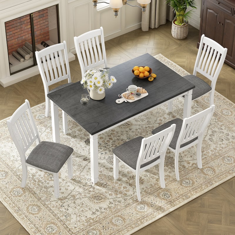 7 Piece Dining Table Set, Wooden Kitchen Furniture Set with Rectangle Table and 6 Upholstered Chairs with Shaped Legs - White+gray