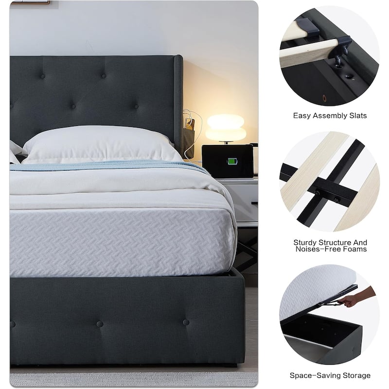 Wingback Upholstered Bed Low Profile Platform Bed Frame with USB Ports, Side Pockets and Hydraulic Lifting Storage