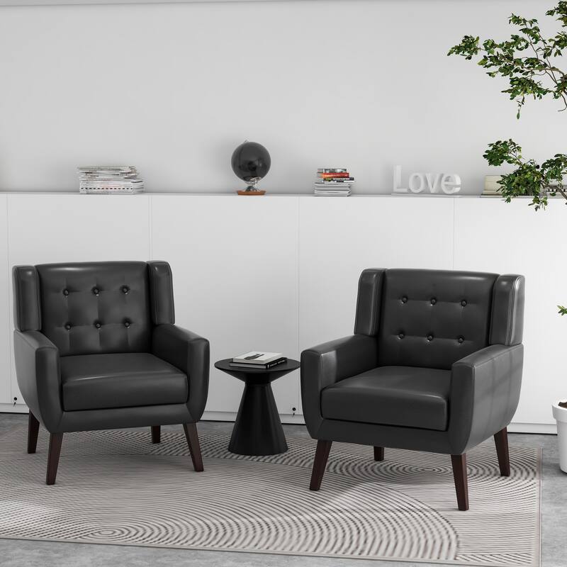 2 Set Modern Tufted Linen Upholstered Accent Chair Faux Leather Armchair