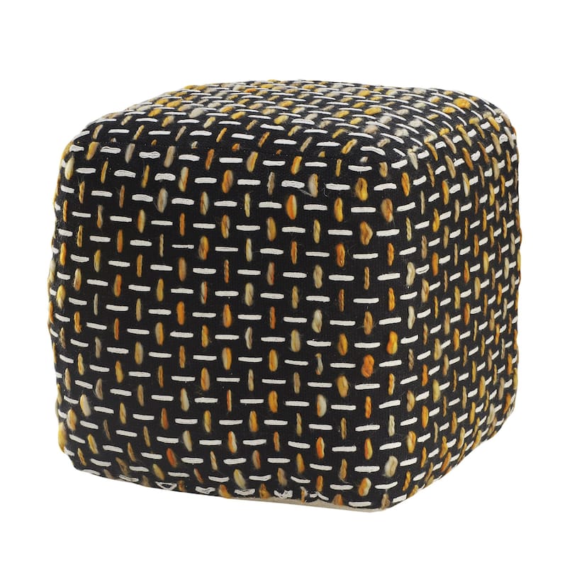 16" Gold and Black Geometric Interwoven Square Pouf Ottoman