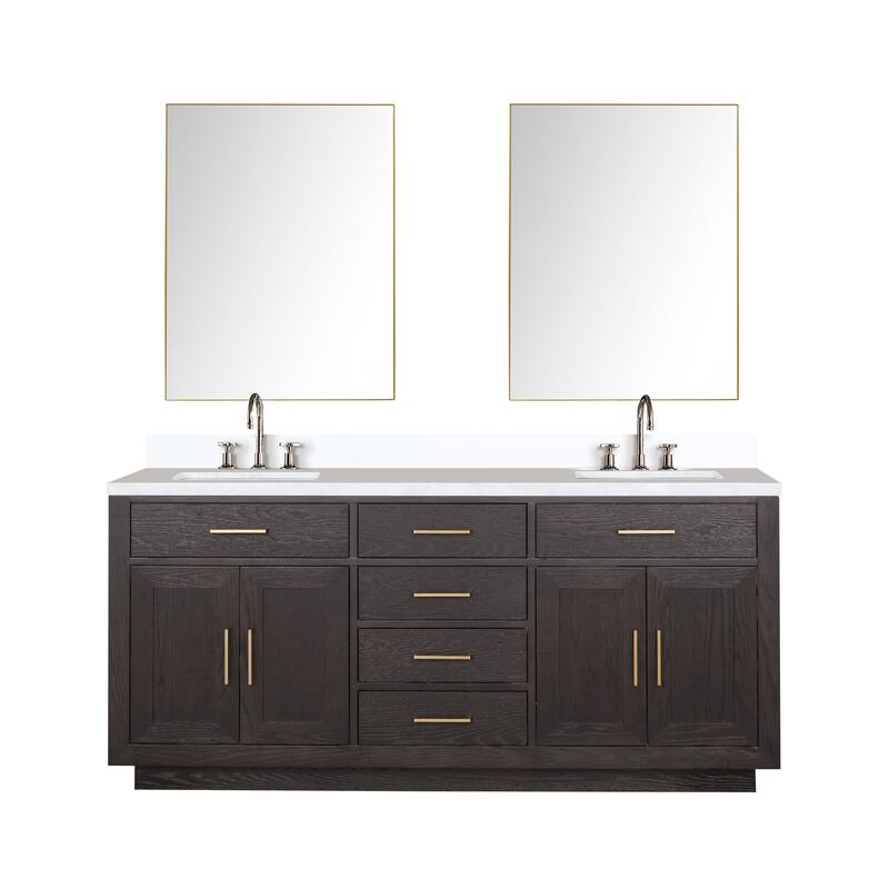 Abbey 60 in W x 22 in D Black Oak Double Bath Vanity, White Quartz Top, Faucet Set, and 28 in Mirrors
