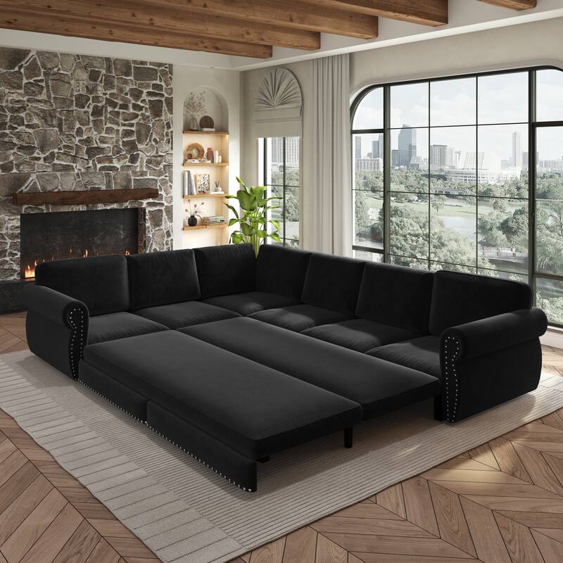 L-Shaped Sectional Sofa with Pull-Out Bed, Oversize Convertible Sleeper Sofa with Rolled Arms, Chenille Upholstery