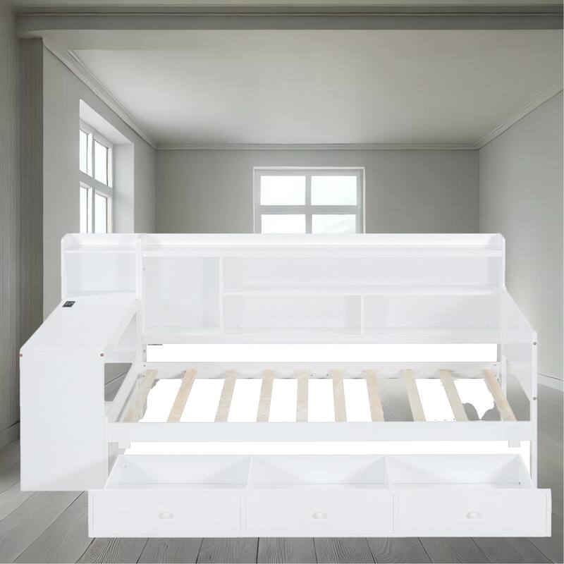 Daybed with Storage Drawers, Desk & USB Ports, Twin/Full Size Wooden Frame for Kids & Teens - White - Twin