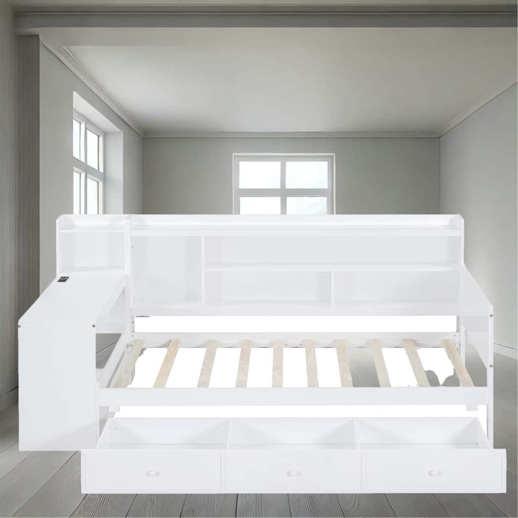 Daybed with Storage Drawers, Desk & USB Ports, Twin/Full Size Wooden Frame for Kids & Teens