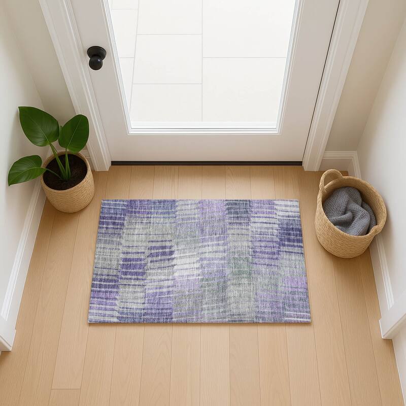 Machine Washable Indoor/ Outdoor Casual Stripe Chantille Rug