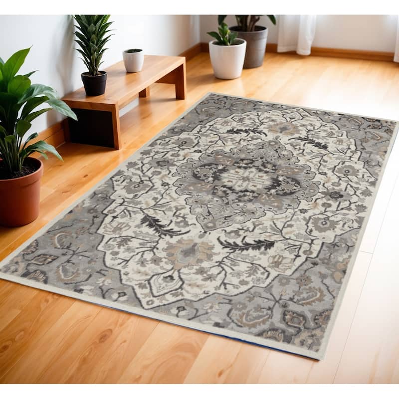 Floral Traditional Non Skid Stain Resistant Low Pile Area Rug - 72' X '48' X '0.25 - 72' X '48' X '0.25 - Lavender/Ivory - Rectangle