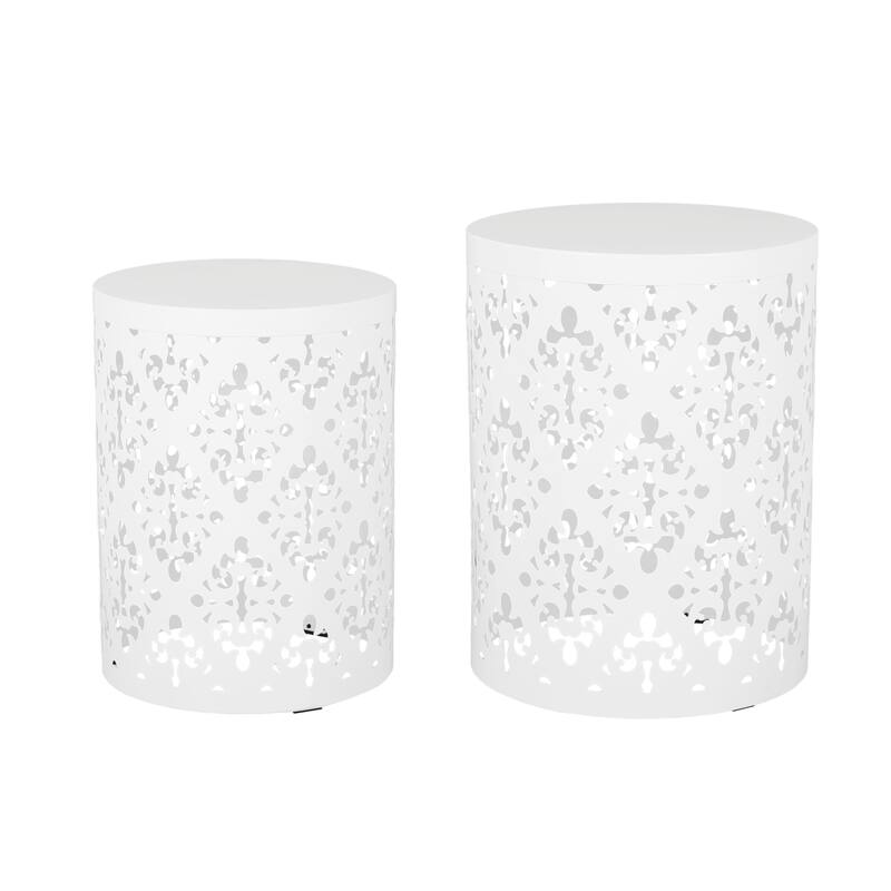 Kemo Outdoor End Table Set of 2, Round Top, Cutout Design, White Iron