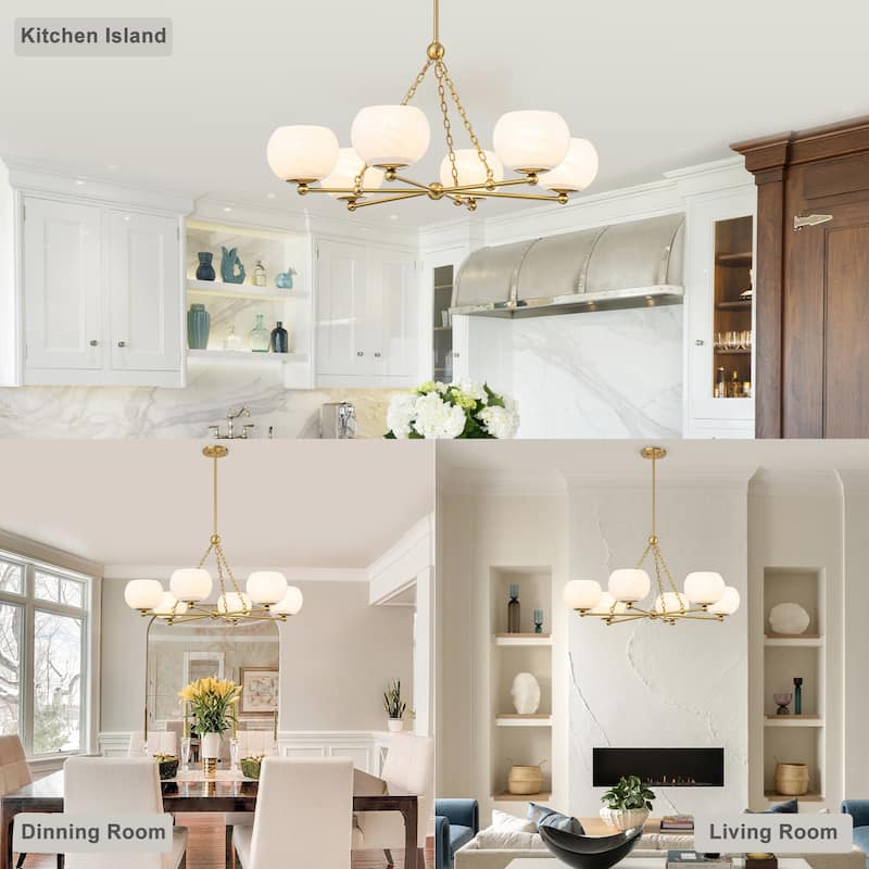 6-Light Brushed Gold Branch Chandelier with Cloud-Pattern Glass Shades - Dia.35.43-in