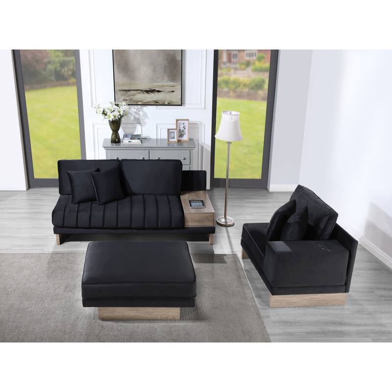 122.5"W Black Velvet Reversible Sofa Ottoman with Storage, USB & Charging, 4 Pillows