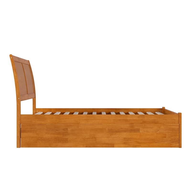 Solid Wood Platform Bed with Trundle - Full Size Bed Frame & Footboard - Light Toffee Finish