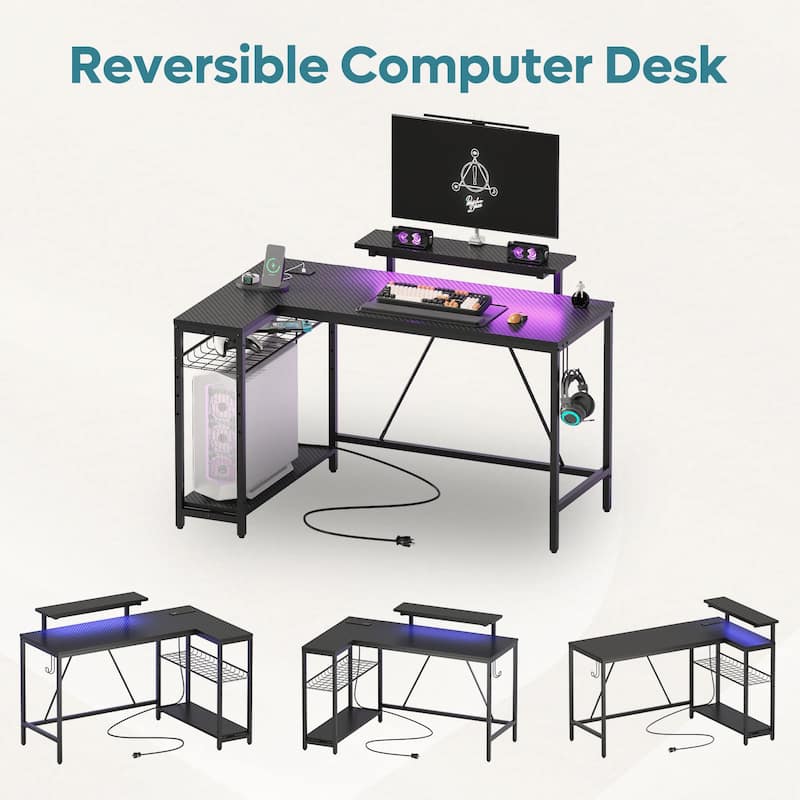 Reversible L Shaped Desk LED Computer Desk with Power Outlets and Monitor Stand Office Desk