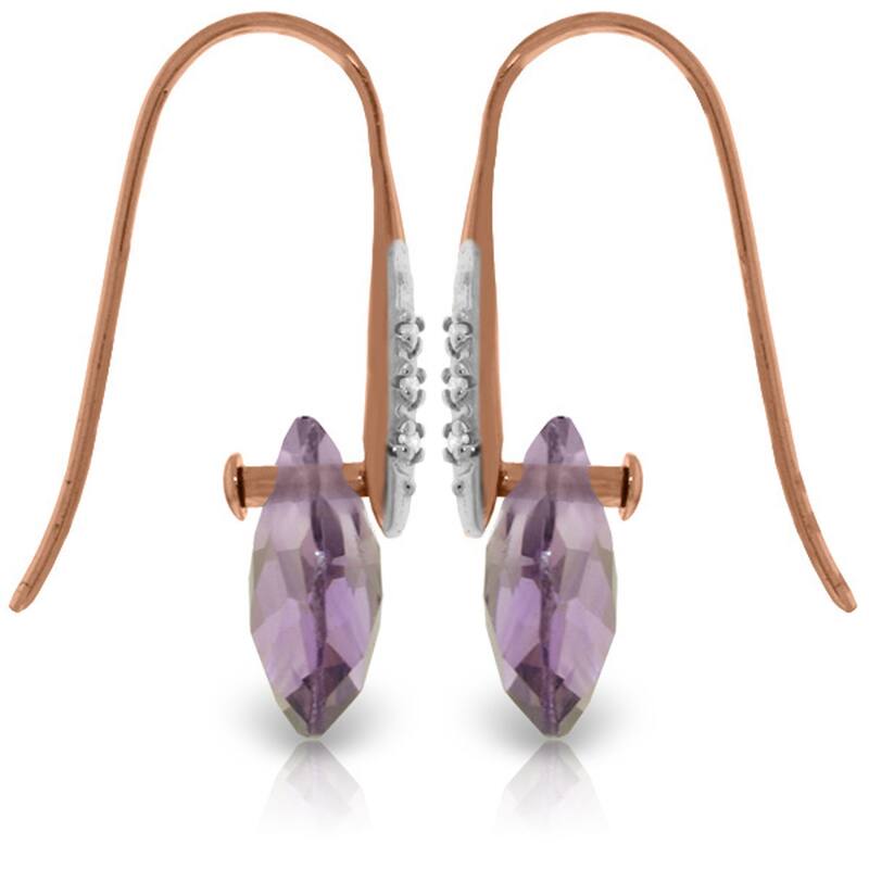 14K Solid Gold Fish Hook Earrings w/ Diamonds & Dangling Amethysts