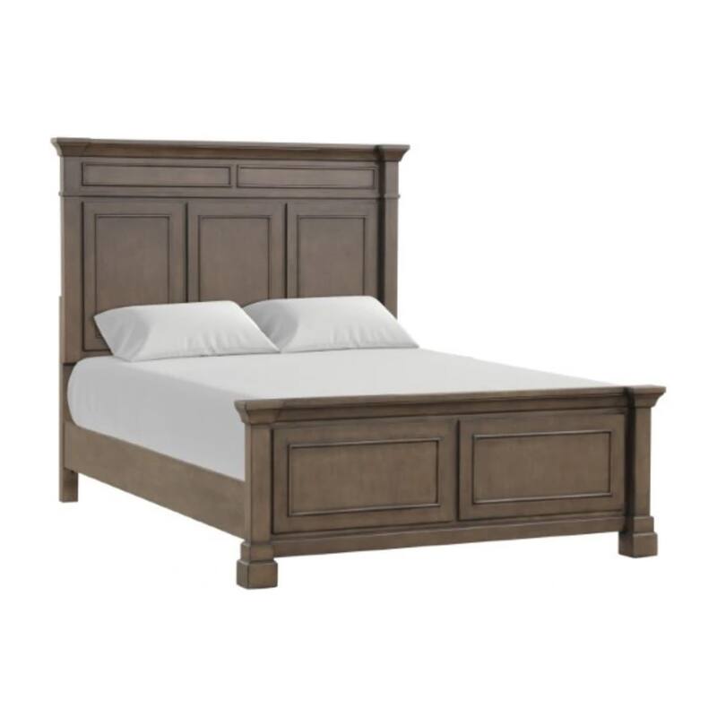 Huder King Bed, Dark Walnut Brown Solid Pine Wood, Classic Panel Moldings