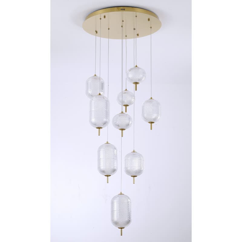 9-Light Flushed Brass Dimmable LED Chandelier With Hanging Clear PC shades