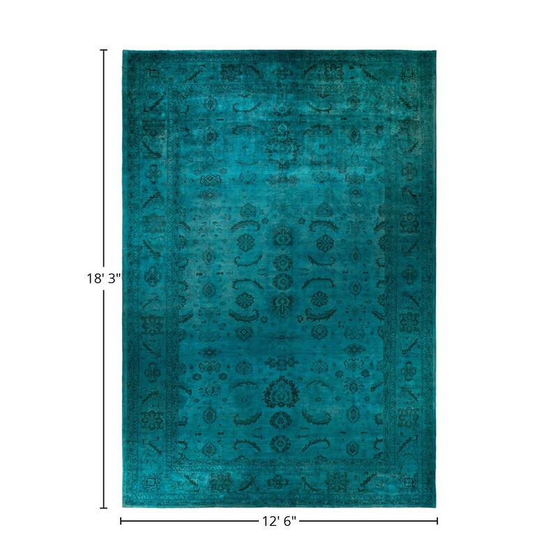 Overton Hand Knotted Wool Vintage Inspired Modern Contemporary Overdyed Blue Area Rug - 12' 6" x 18' 3"