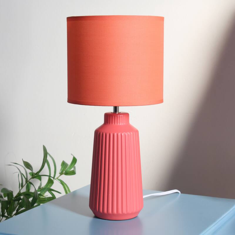 Textured Ceramic Table Lamp with Fabric Drum Shade Modern Faceted Base Compact Accent Lighting Multiple Colors
