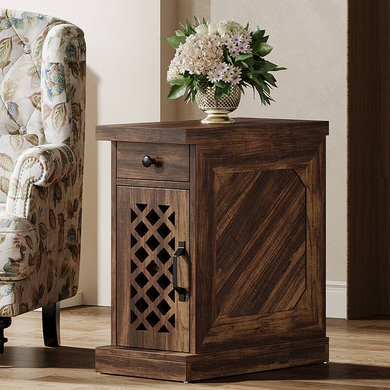 23 Inches Side Table with Drawer and Cabinet, Vintage Brown