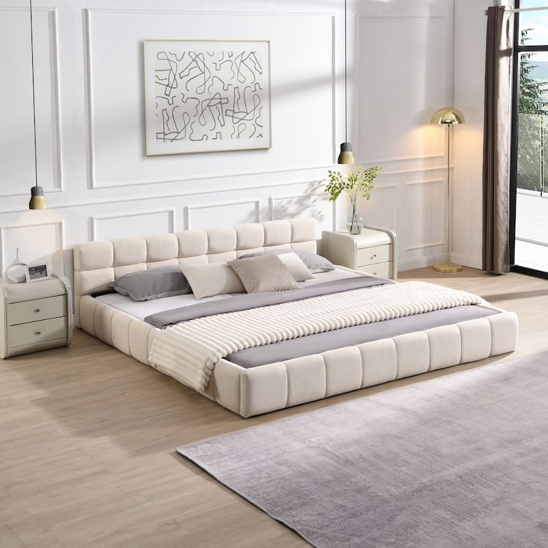 Christopher Knight Home - Evelyn Chenille Upholstered Bed with Modern Checkerboard Headboard - Beige - King