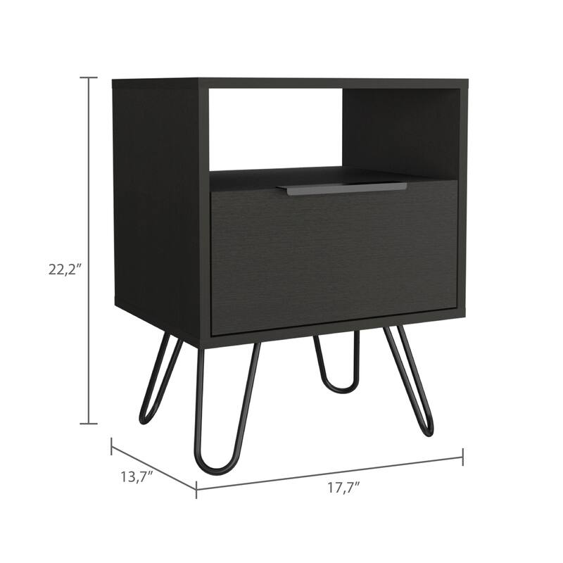 Modern Nightstand with Shelf and Drawer, Wengue Finish, Hairpin Legs