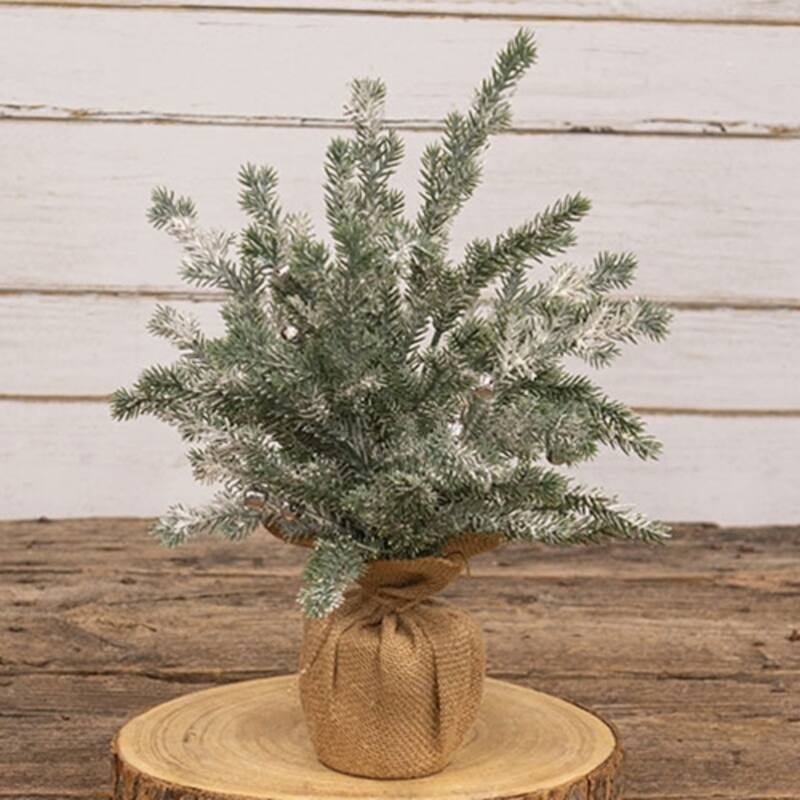 Faux Pine Snowy Flocked Tabletop Christmas Tree with Jingle Bells Burlap Base Rustic Holiday Décor