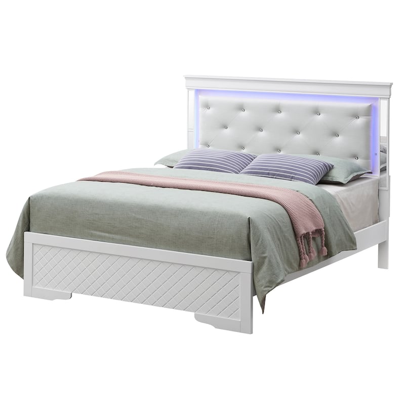 Jewel Tufted Queen Panel Bed with LED Lights - 85" - Silver Champagne