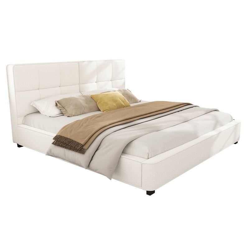 Luxury King Boucle Upholstered Platform Bed, Curved Tufted Headboard, Soft Edges, Beige